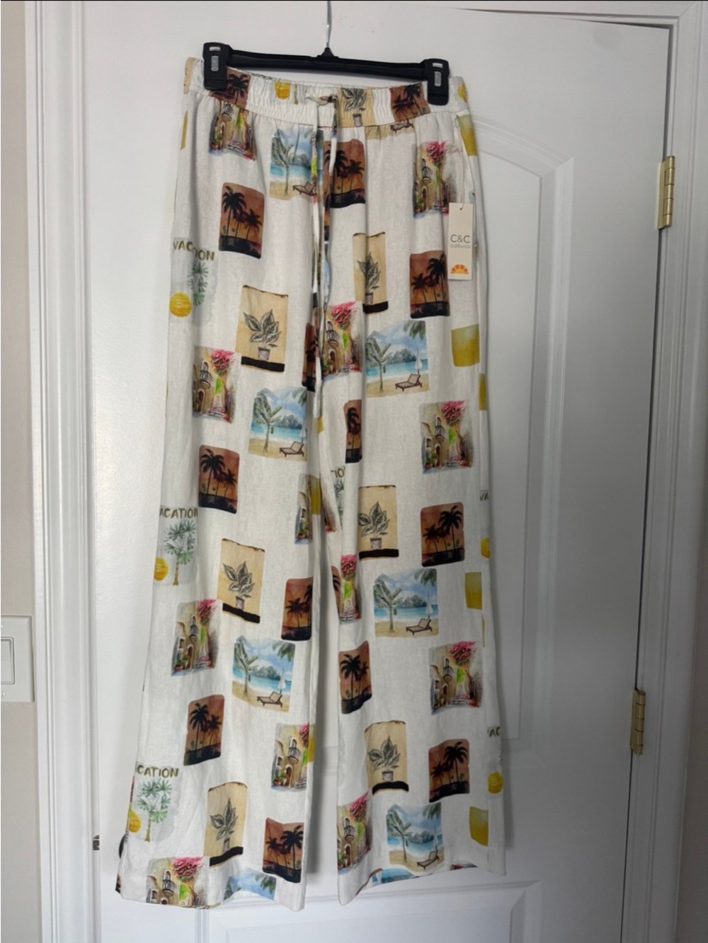 NWT C& C California Women’s White Tropical Patchwork Wide Leg Linen  Pants S